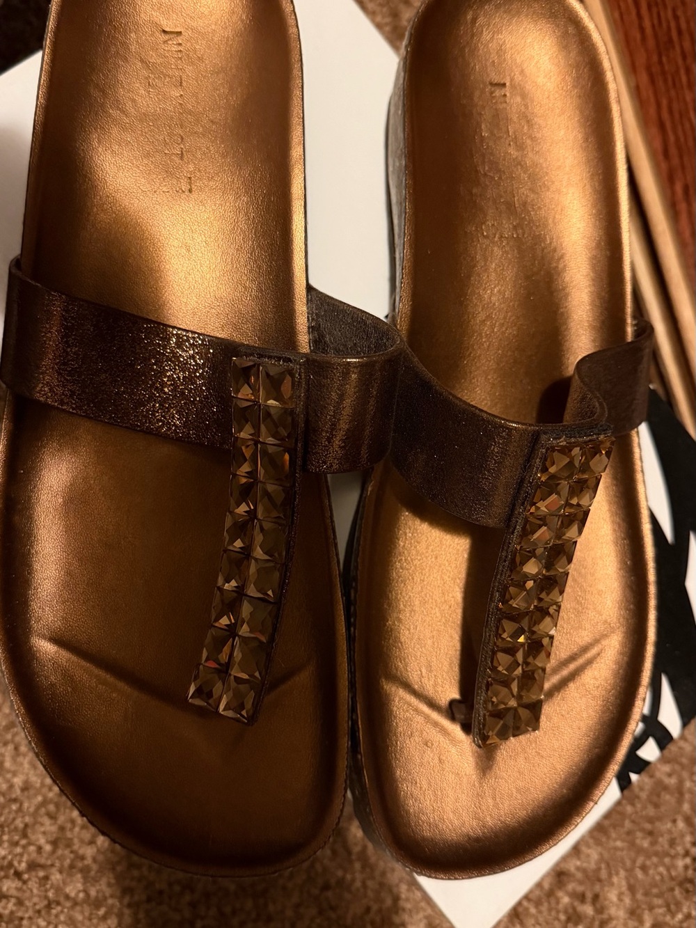 Nine West Bronze Metallic Studded Slide Sandals